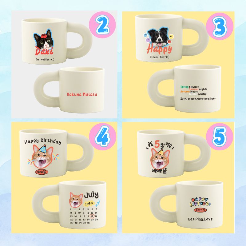 Set of mugs with various designs and text on a colorful background
