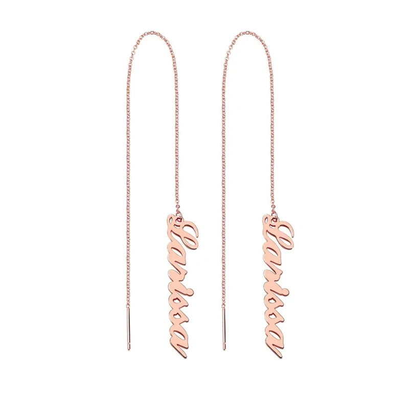 Rose gold 'forever' threader earrings on a white background Stainless Steel Name Jewelry. Custom Gift-Personalized. gift for boyfriend / girlfriend. long-distance relationship gift meaningful keepsake. Memory gift. Christmas couple gift. Birthday Gift. Vertical Chain Threader Earrings