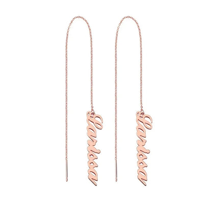 Rose gold 'forever' threader earrings on a white background Stainless Steel Name Jewelry. Custom Gift-Personalized. gift for boyfriend / girlfriend. long-distance relationship gift meaningful keepsake. Memory gift. Christmas couple gift. Birthday Gift. Vertical Chain Threader Earrings