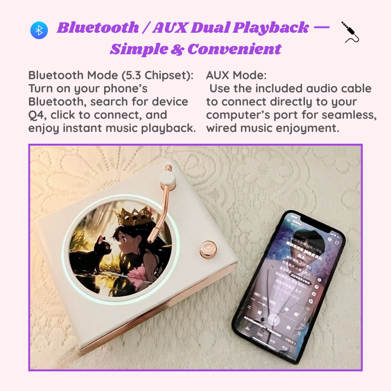 Product display with Bluetooth and AUX playback options, including a phone and product on a textured surface. Bluetooth mode 5.3 chipset. AUX mode. Personalized couple present. Gift for boyfriend. Custom-made. Personalized. Perfect gift idea. Meaningful keepsake