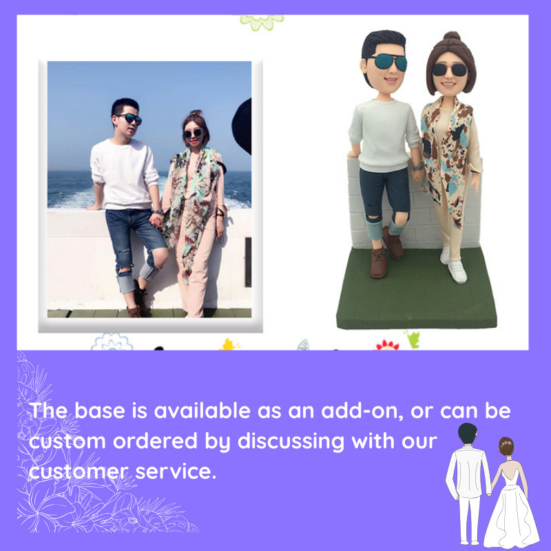 Bobblehead figures of a couple next to a photo of the same couple on a boat, with text about customizable bases. The base is available as an add-on, or can be custom ordered by discussing with our customer service. Personalized couple present. Gift for boyfriend girlfriend. Custom-made. Personalized. Perfect gift idea. Meaningful keepsake. Wedding gift. Anniversary gift. Birthday gift