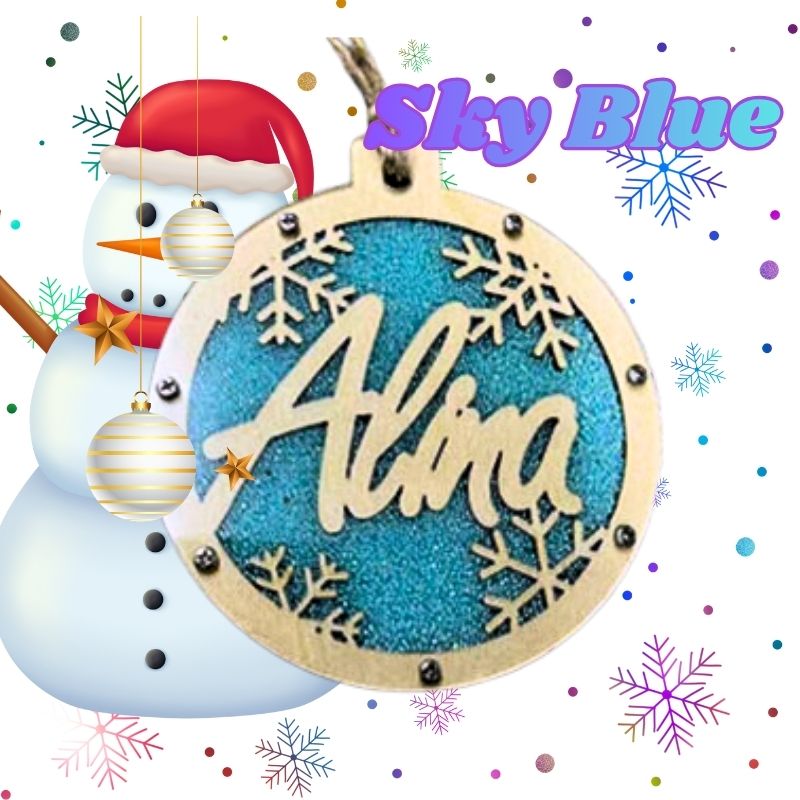 Decorative ornament with 'Alina' engraved, surrounded by festive elements like a snowman and snowflakes. custom Christmas Gift
