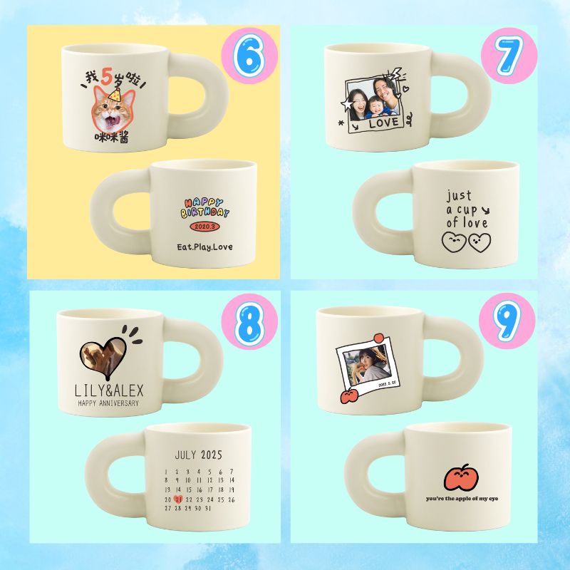Collection of personalized mugs with various designs on a colorful background