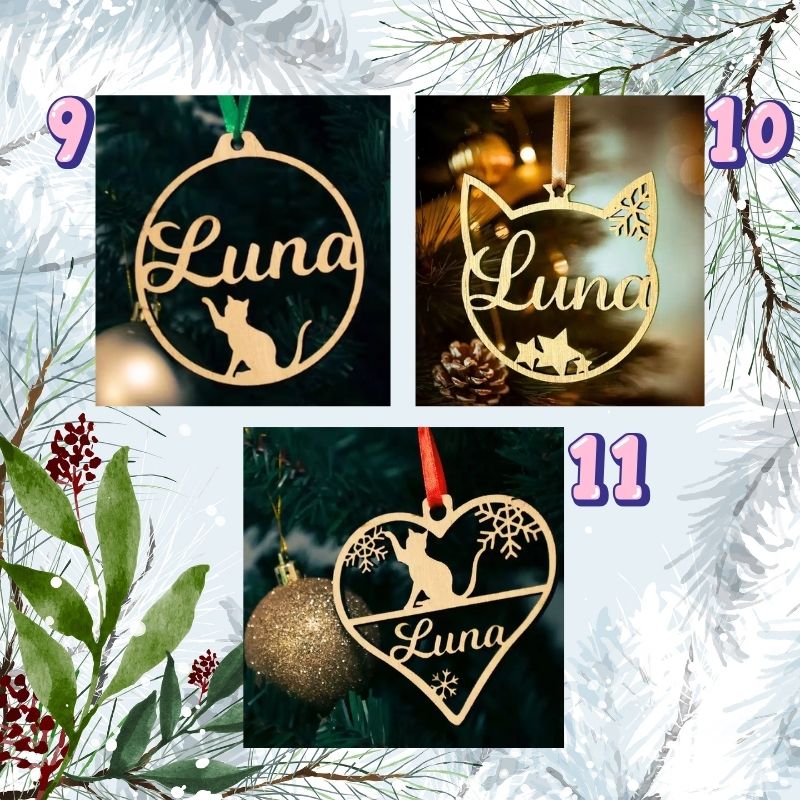 Decorative ornaments with 'Luna' and cat designs on a festive background.
