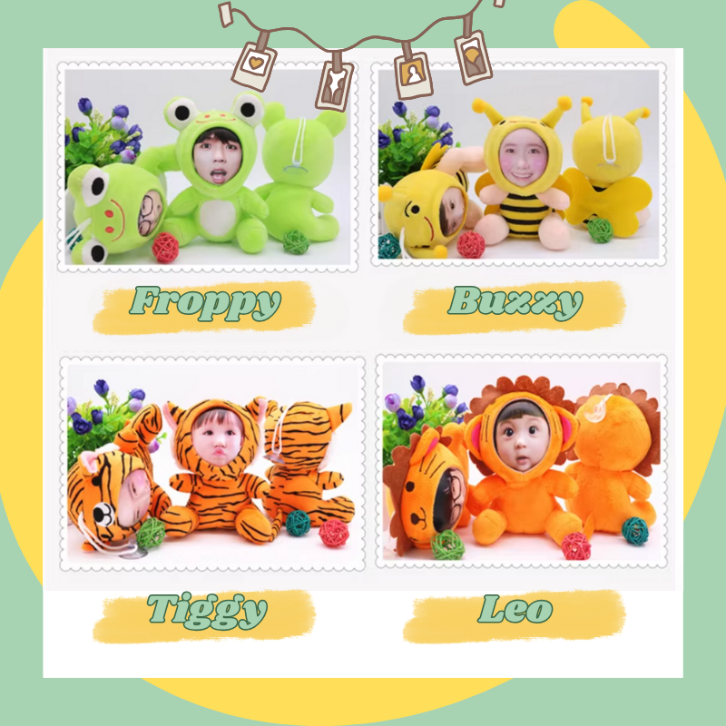 Four children in animal-themed costumes labeled Froppy, Buzzy, Tiggy, and Leo on a green and yellow background. every VoxBuddy have owe name. Custom Gift-Personalized Talking Photo Keychain, gift for couples, ift for boyfriend / girlfriend long-distance relationship gift meaningful keepsake