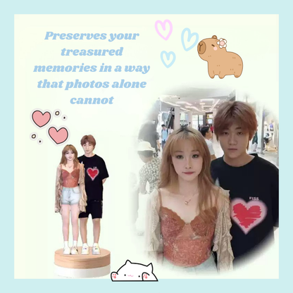 Collage of a couple with decorative elements and text on a light blue background. Preserves your treasured memories in a way that photos alone cannot. Personalized couple present. Gift for boyfriend girlfriend. Custom-made. Personalized. Perfect gift idea. Meaningful keepsake. Wedding gift. Anniversary gift. Birthday gift