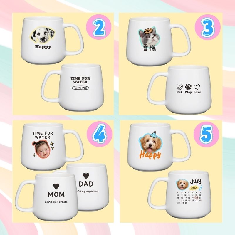 Set of white mugs with various designs and text on a colorful background