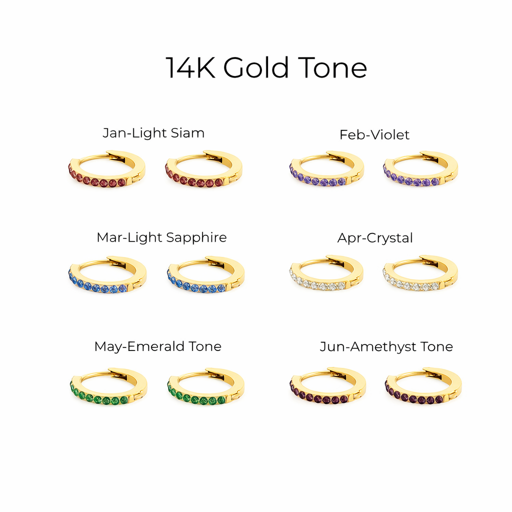 Collection of gold hoop earrings with colored stones for each month, labeled '14K Gold Tone'.