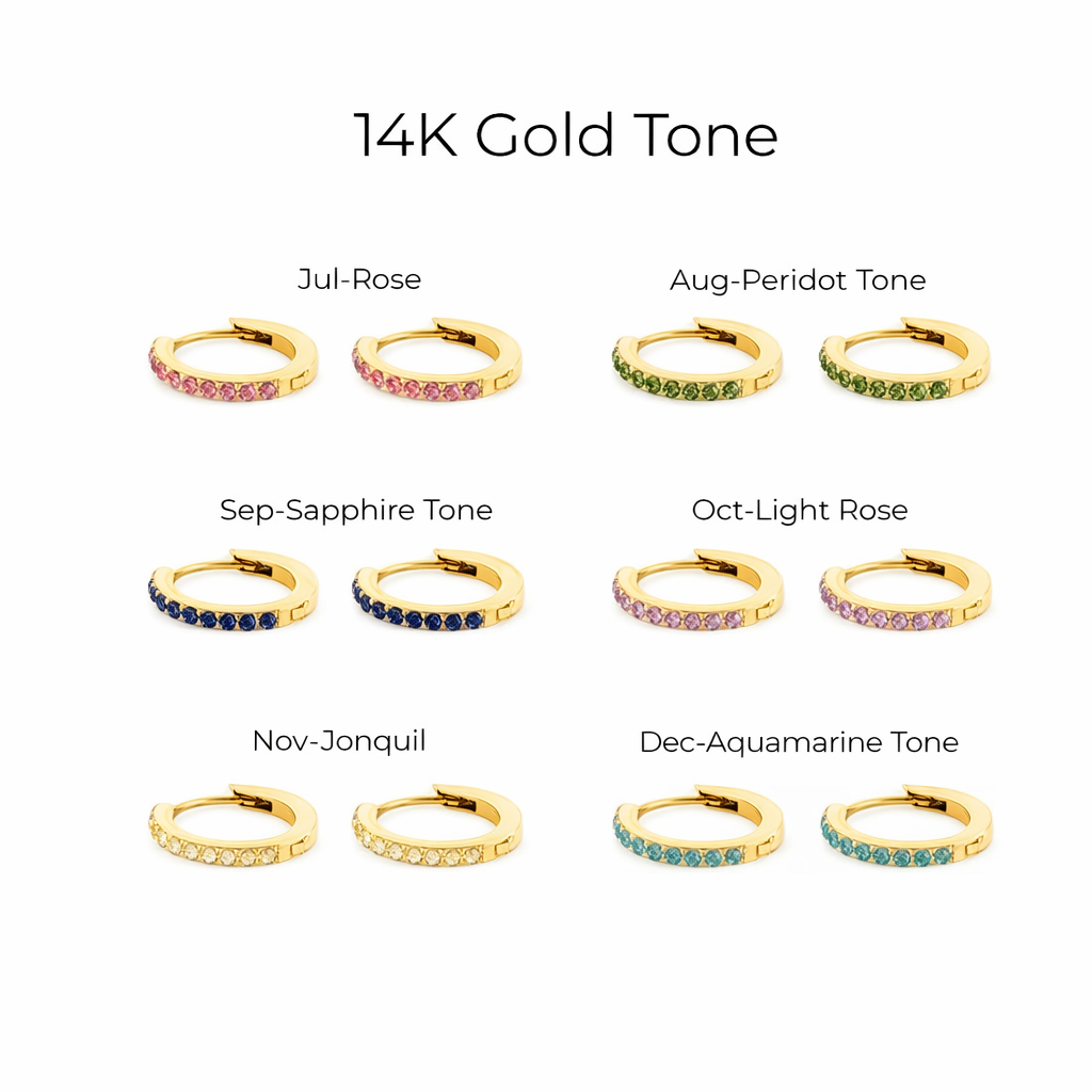 Collection of 14K gold tone hoop earrings with color labels on a white background
