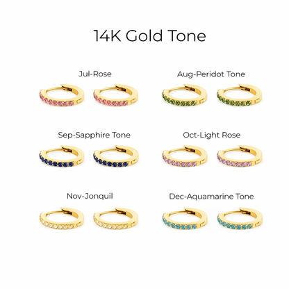 Collection of 14K gold tone hoop earrings with color labels on a white background