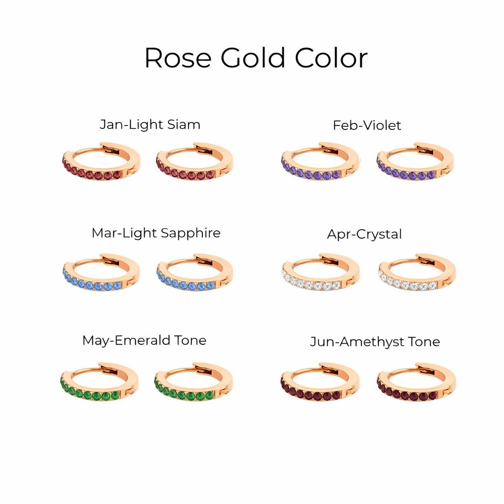 Rose gold hoop earrings with gemstones labeled by month for color matching.
