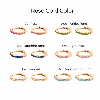 Rose gold hoop earrings with different color options on a white background