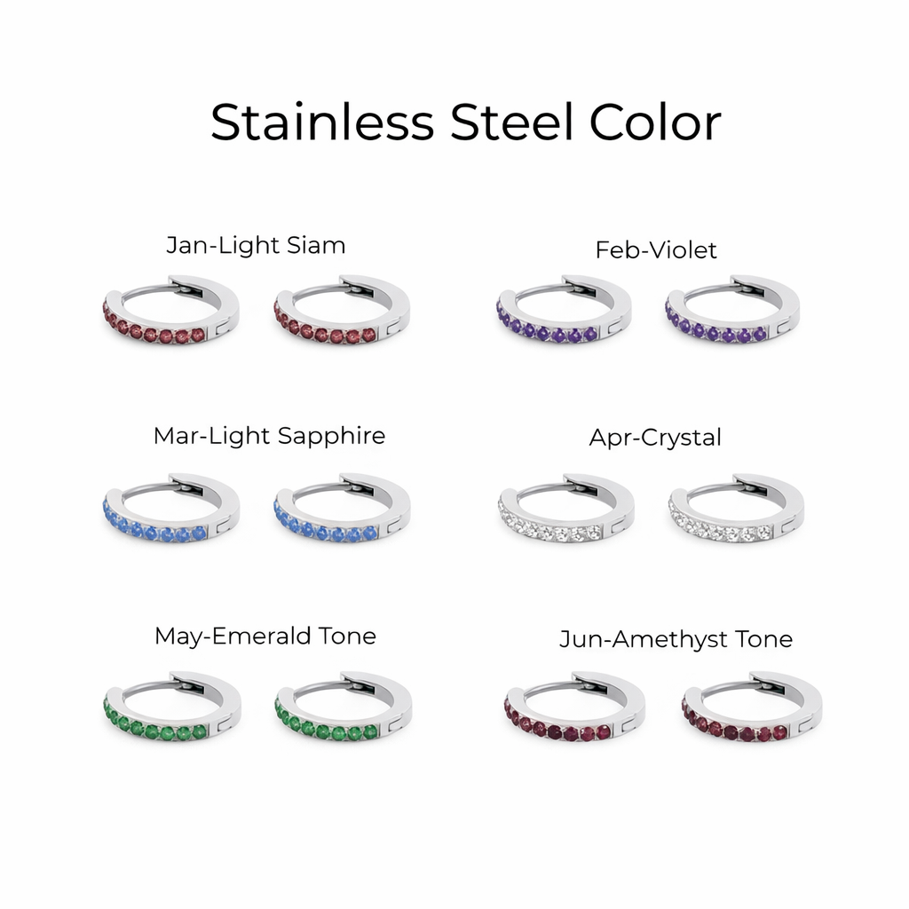 Collection of stainless steel hoop earrings with color options labeled.