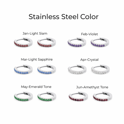 Collection of stainless steel hoop earrings with color options labeled.