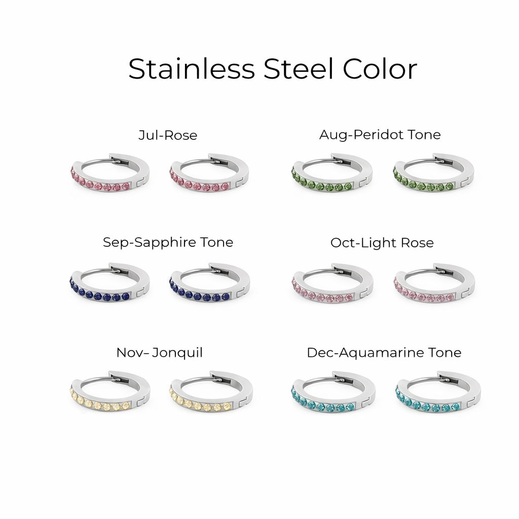 Stainless steel hoop earrings in various colors on a white background