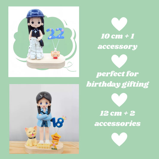 Two figurines with birthday-themed accessories on a green background. 10cm, 12cm,  Personalized couple present. Gift for boyfriend girlfriend. Custom-made. Personalized. Perfect gift idea. Meaningful keepsake. Wedding gift. Anniversary gift. Birthday gift