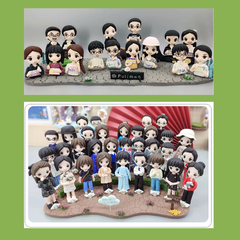 Collection of small figurines on a display stand with 'Puliman' branding. Personalized couple present. Gift for boyfriend girlfriend. Custom-made. Personalized. Perfect gift idea. Meaningful keepsake. Wedding gift. Anniversary gift. Birthday gift