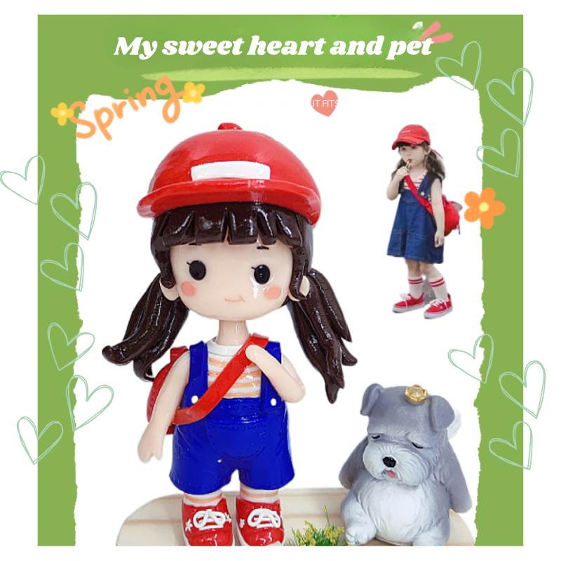 Toy figure of a girl in a red helmet and blue overalls with a dog, surrounded by decorative elements. Personalized couple present. Gift for boyfriend girlfriend. Custom-made. Personalized. Perfect gift idea. Meaningful keepsake. Wedding gift. Anniversary gift. Birthday gift