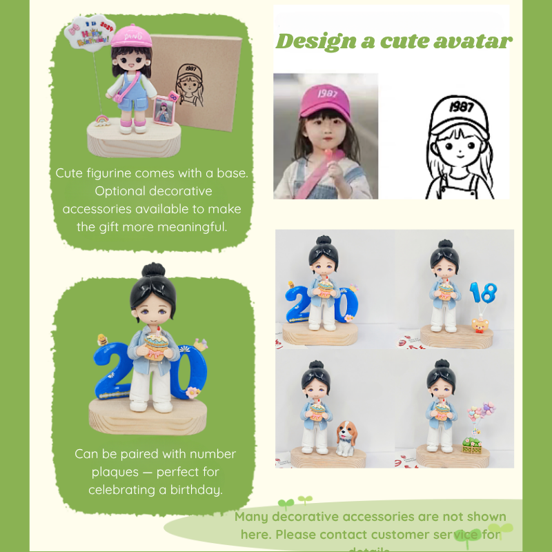 Cute figurine with options for decorative accessories on a green and white background. Personalized couple present. Gift for boyfriend girlfriend. Custom-made. Personalized. Perfect gift idea. Meaningful keepsake. Wedding gift. Anniversary gift. Birthday gift