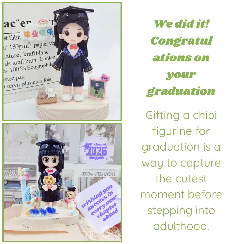 Graduation-themed chibi figurine with text congratulating on graduation. graduation figurine. background