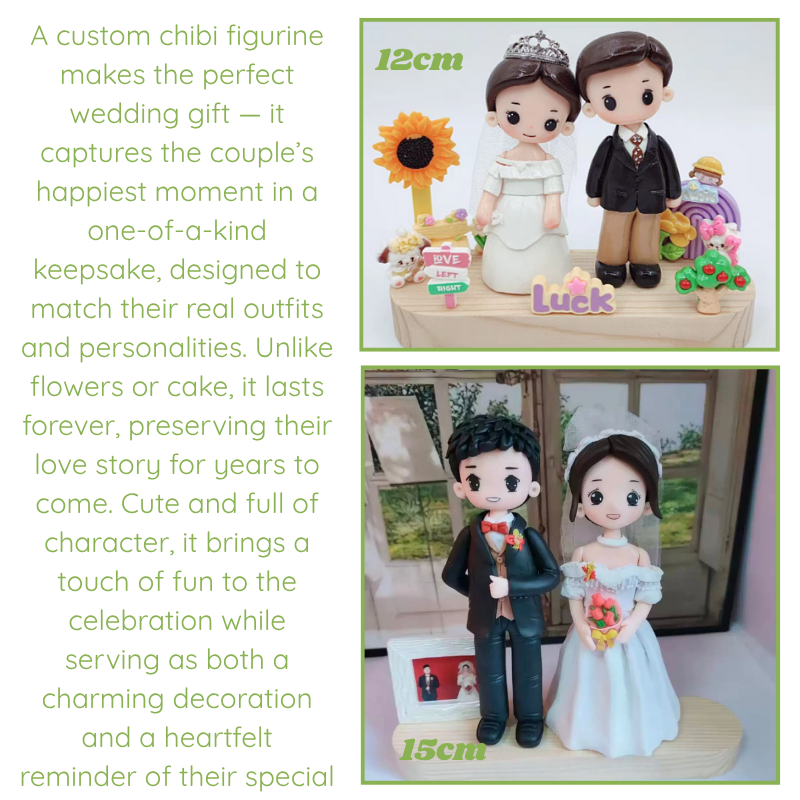 Wedding couple figurines with text describing a custom chibi figurine as a wedding gift. makes the perfect wedding gift. background
