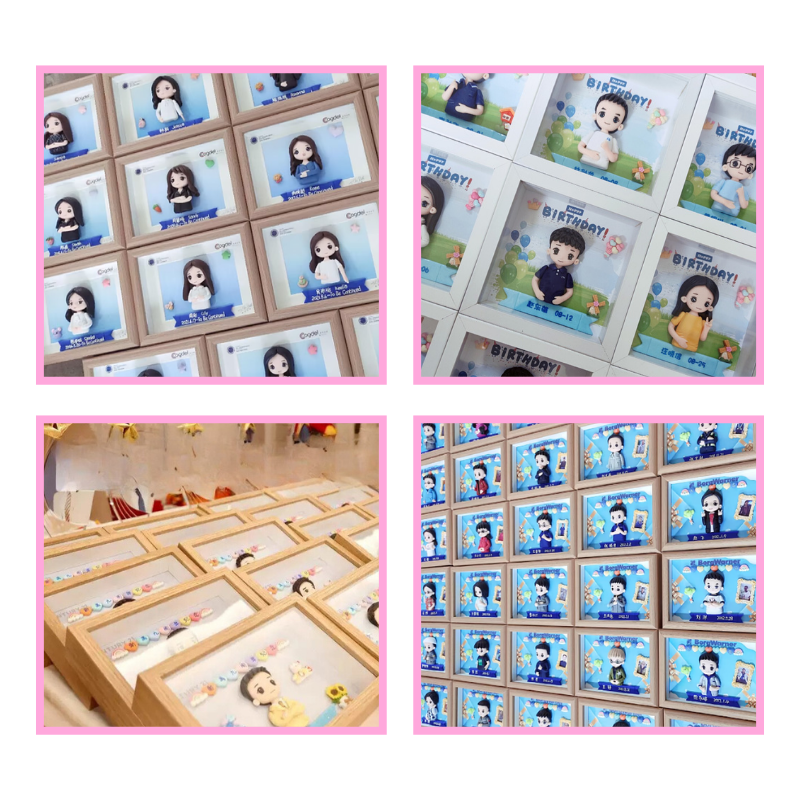 Collection of photo frames with cartoon character designs on a white . Personalized couple present. Gift for boyfriend girlfriend. Custom-made. Personalized. Perfect gift idea. Meaningful keepsake. Wedding gift. Anniversary gift. Birthday giftbackground