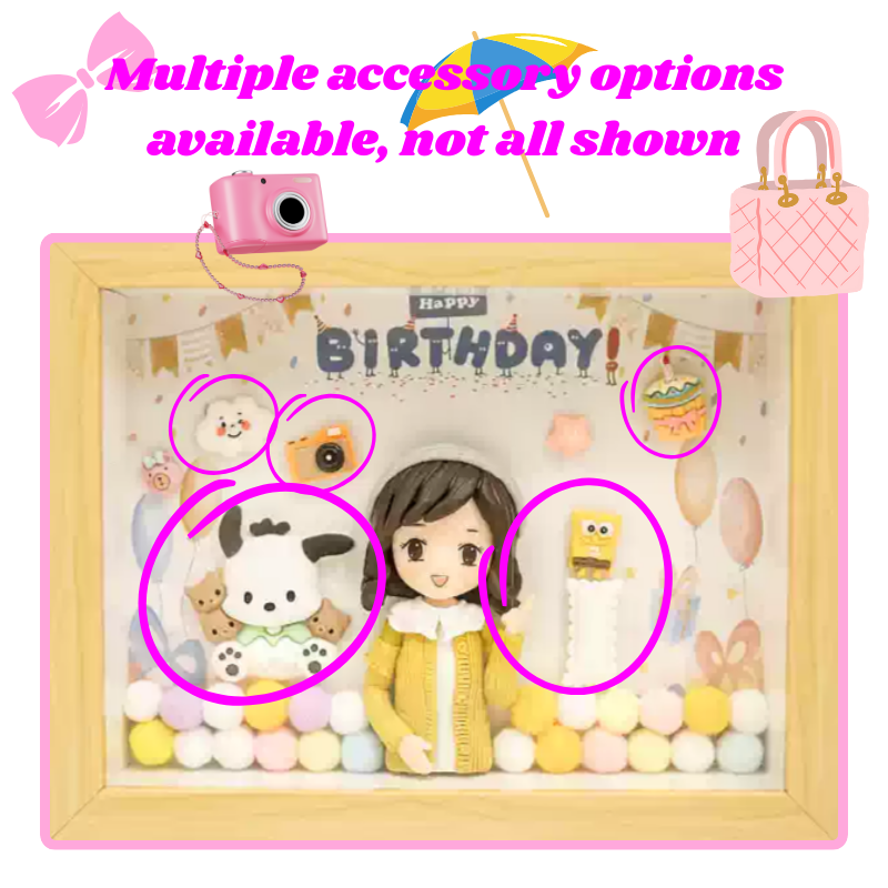 Toy figure set with accessories in a display case, surrounded by additional toys and items.