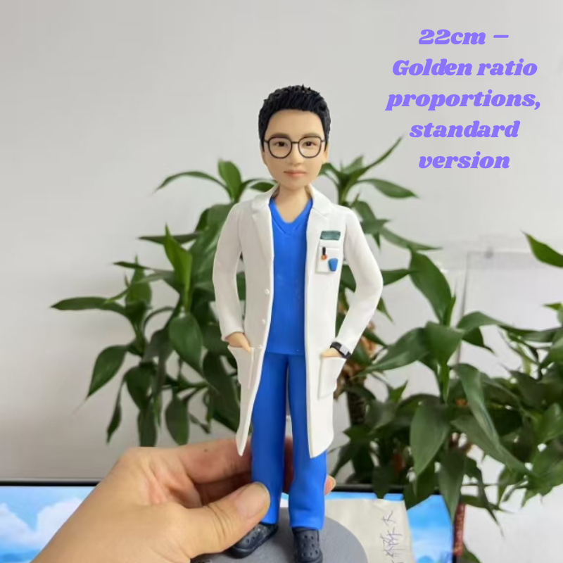 Figurine of a person in a white coat and blue outfit held by a hand with plants in the background. 22cm figurine. doctor figurine. Personalized couple present. Gift for boyfriend girlfriend. Custom-made. Personalized. Perfect gift idea. Meaningful keepsake. Wedding gift. Anniversary gift. Birthday gift