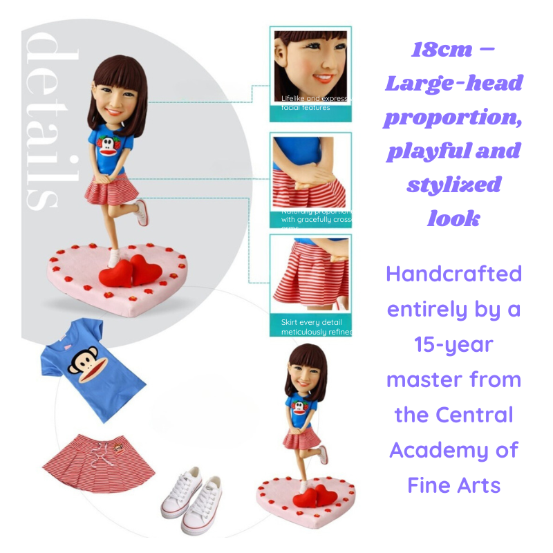 Toy figure with accessories on a white background, featuring text about the toy's details and craftsmanship. 18cm figurine. Personalized couple present. Gift for boyfriend girlfriend. Custom-made. Personalized. Perfect gift idea. Meaningful keepsake. Wedding gift. Anniversary gift. Birthday gift