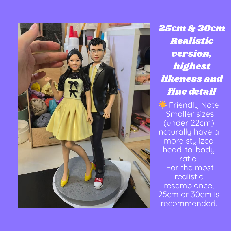 Two figurine, one in a yellow dress and the other in a black suit, standing on a platform with text about doll sizes and realism. 25cm & 30cm. Smaller sizes under 22cm naturally have a more stylized head to body ratio. for the most realistic resemblance, 25cm or 30cm is recommended. Personalized couple present. Gift for boyfriend girlfriend. Custom-made. Personalized. Perfect gift idea. Meaningful keepsake. Wedding gift. Anniversary gift. Birthday gift