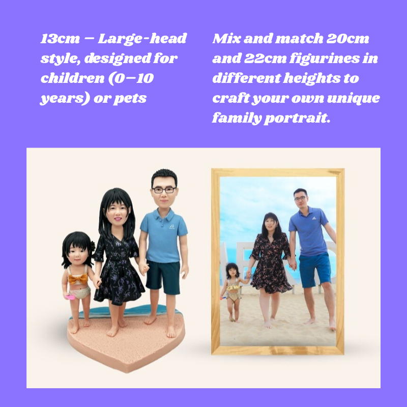 Family figurines with a photo frame on a purple background. Personalized couple present. Gift for boyfriend girlfriend. Custom-made. Personalized. Perfect gift idea. Meaningful keepsake. Wedding gift. Anniversary gift. Birthday gift