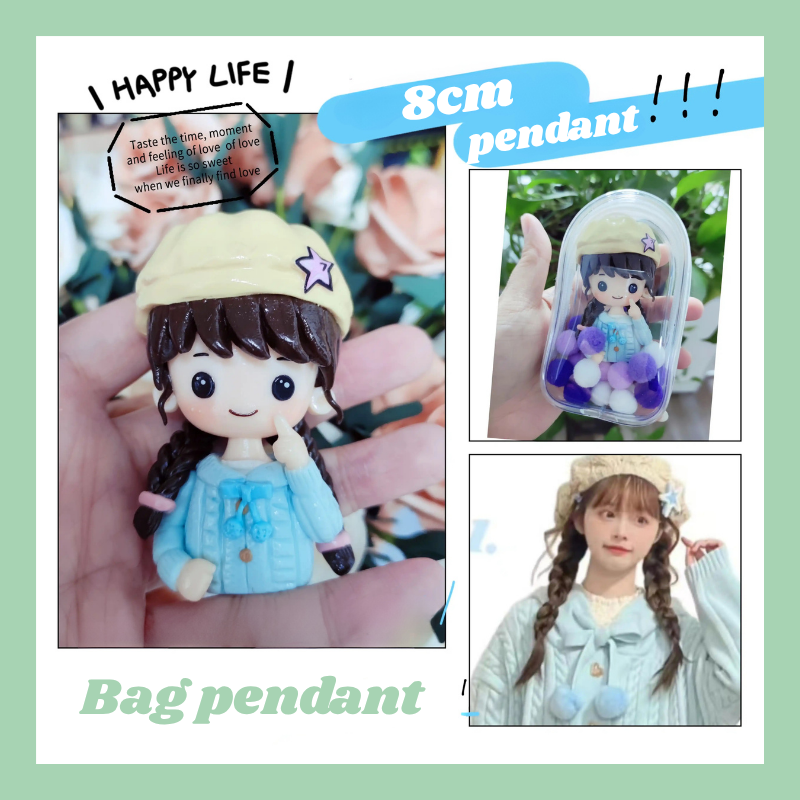 Small figurine with a hat and blue outfit held in a hand, surrounded by text and additional images. 8cm pendant figurine. Personalized couple present. Gift for boyfriend girlfriend. Custom-made. Personalized. Perfect gift idea. Meaningful keepsake. Wedding gift. Anniversary gift. Birthday gift