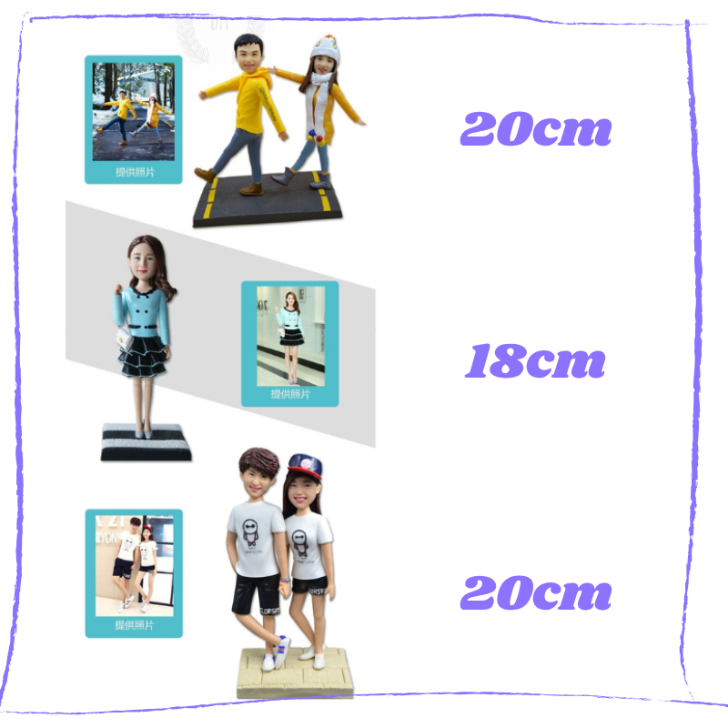 Figurines of people on stands with measurements displayed. 18cm and 20cm figurines. Personalized couple present. Gift for boyfriend girlfriend. Custom-made. Personalized. Perfect gift idea. Meaningful keepsake. Wedding gift. Anniversary gift. Birthday gift