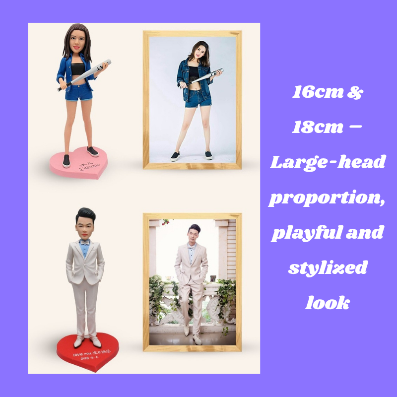 Two figurines with large heads, one holding a guitar, the other in a suit, on a purple background. Personalized couple present. Gift for boyfriend girlfriend. Custom-made. Personalized. Perfect gift idea. Meaningful keepsake. Wedding gift. Anniversary gift. Birthday gift