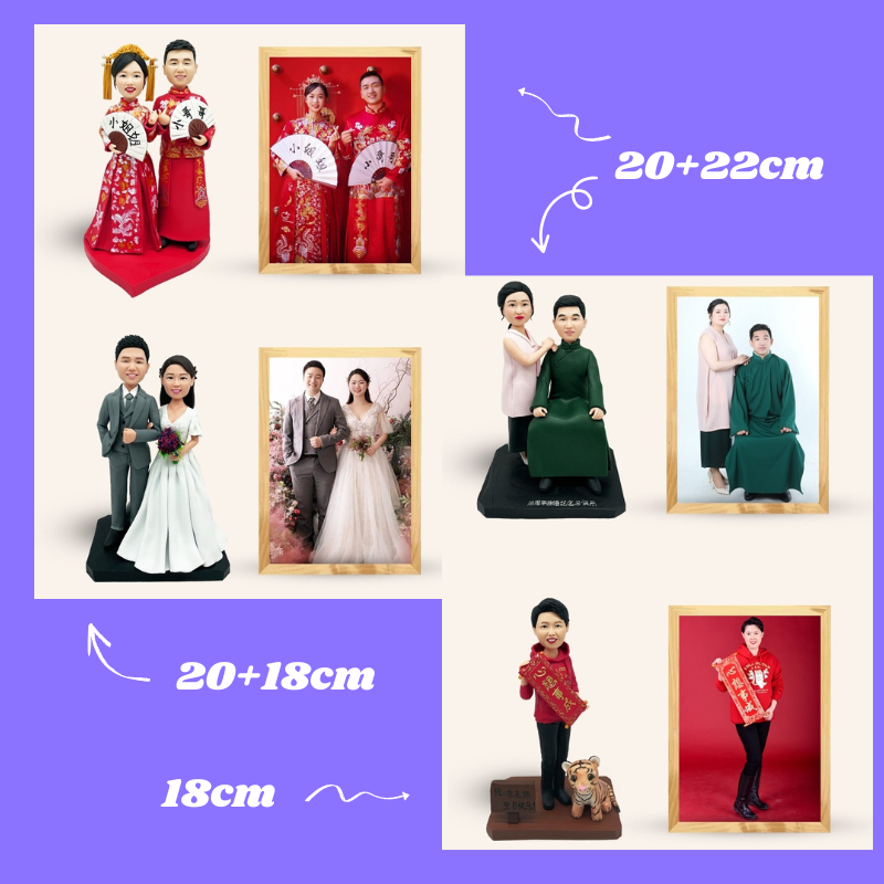 Collection of wedding figurines and photo frames with measurements on a purple background. Personalized couple present. Gift for boyfriend girlfriend. Custom-made. Personalized. Perfect gift idea. Meaningful keepsake. Wedding gift. Anniversary gift. Birthday gift