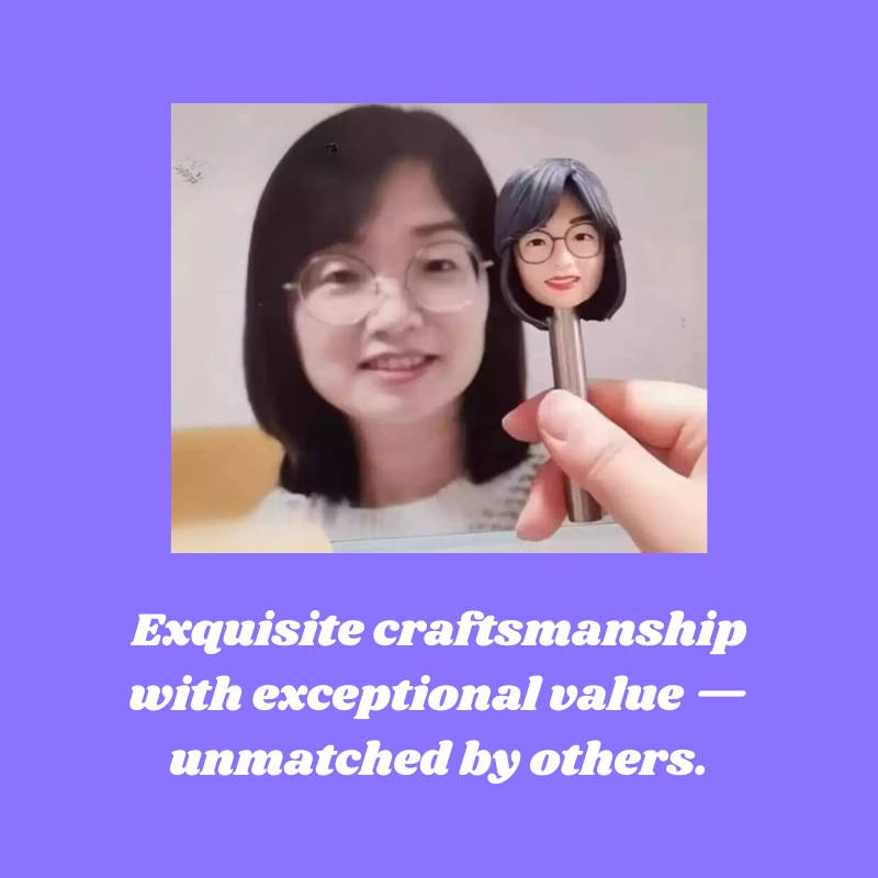 Person holding a small figurine with a face, set against a purple background with text. Personalized couple present. Gift for boyfriend girlfriend. Custom-made. Personalized. Perfect gift idea. Meaningful keepsake. Wedding gift. Anniversary gift. Birthday gift