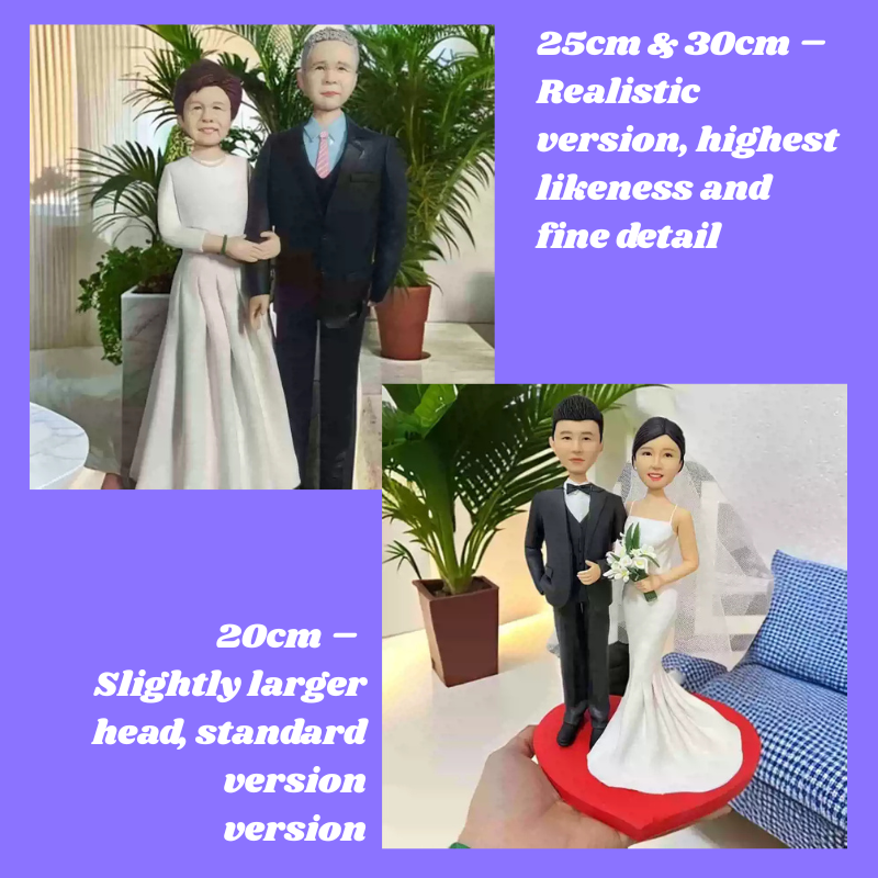 Collage of wedding couple figurines with text describing size and features.Personalized couple present. Gift for boyfriend girlfriend. Custom-made. Personalized. Perfect gift idea. Meaningful keepsake. Wedding gift. Anniversary gift. Birthday gift