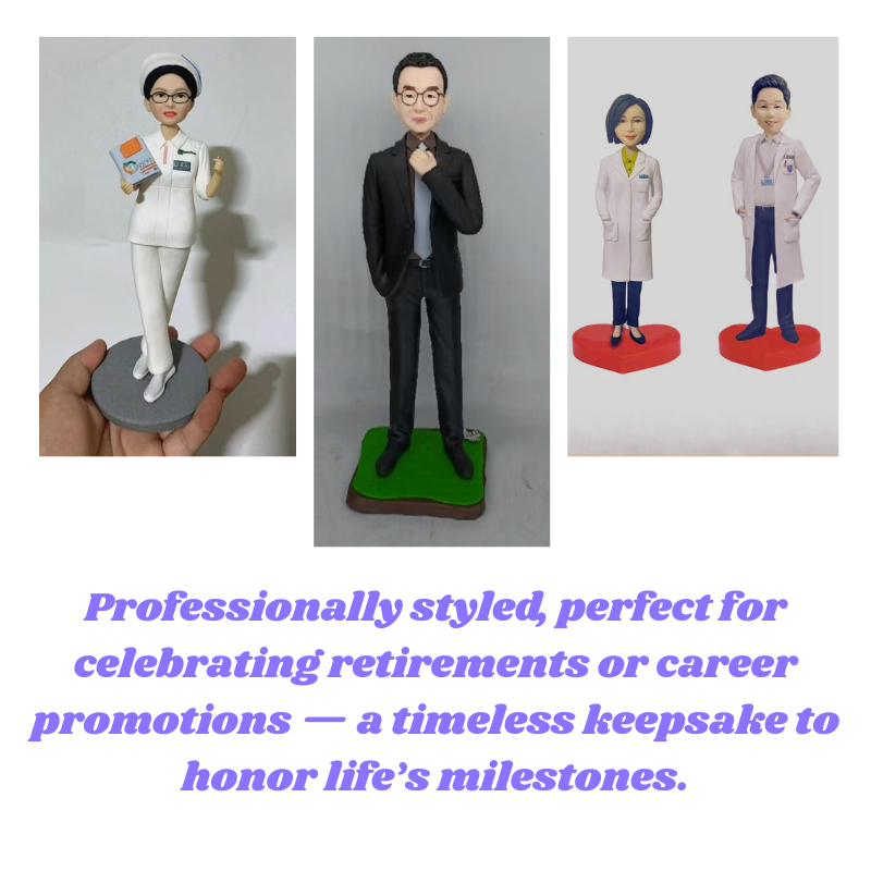 Set of professionally styled figurines for celebrations like retirements or career promotions on a white background. professionally styled. perfect for celebrating retirements or career romotions. Personalized couple present. Gift for boyfriend girlfriend. Custom-made. Personalized. Perfect gift idea. Meaningful keepsake. Wedding gift. Anniversary gift. Birthday gift