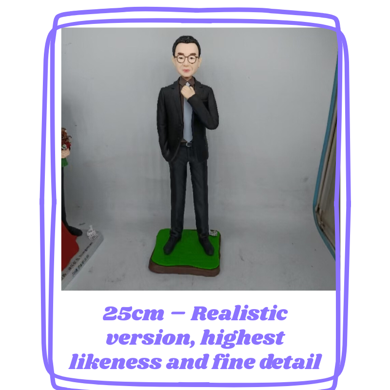 Realistic figurine of a man in a suit on a gray background with text about dimensions and quality. Personalized couple present. Gift for boyfriend girlfriend. Custom-made. Personalized. Perfect gift idea. Meaningful keepsake. Wedding gift. Anniversary gift. Birthday gift